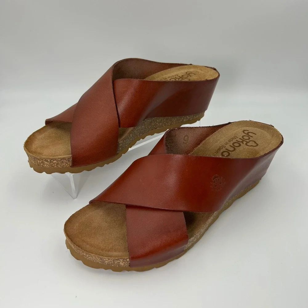 New Yokono Wedge‎ Sandals Women 9 Brown Excellent Leather Cross Strap Made Spain